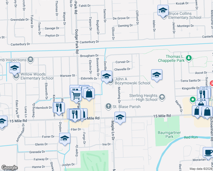 map of restaurants, bars, coffee shops, grocery stores, and more near 11870 Eldorado Drive in Sterling Heights