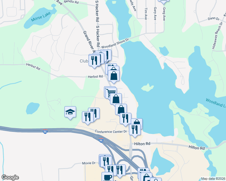map of restaurants, bars, coffee shops, grocery stores, and more near 8123 Grand River Avenue in Brighton