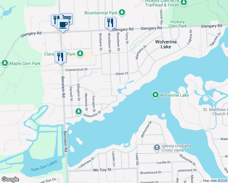 map of restaurants, bars, coffee shops, grocery stores, and more near 2202 Woodlawn Street in Commerce Charter Township