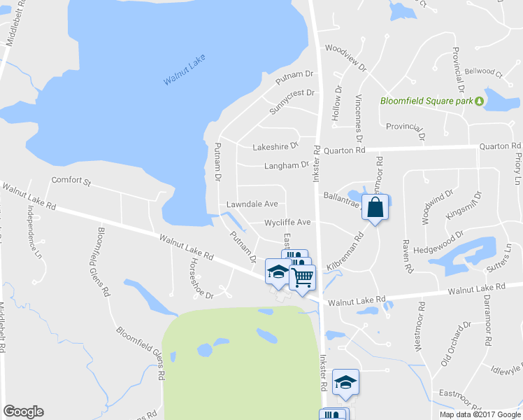 map of restaurants, bars, coffee shops, grocery stores, and more near 2177 Lawndale Avenue in West Bloomfield Township