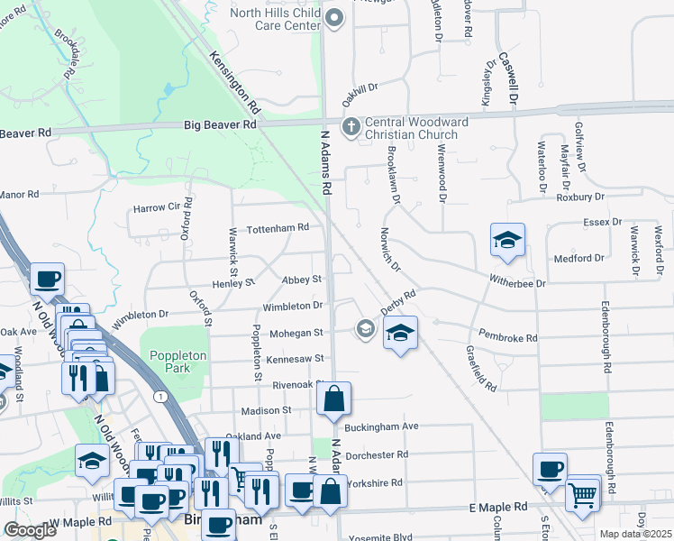 map of restaurants, bars, coffee shops, grocery stores, and more near 971 North Adams Road in Birmingham