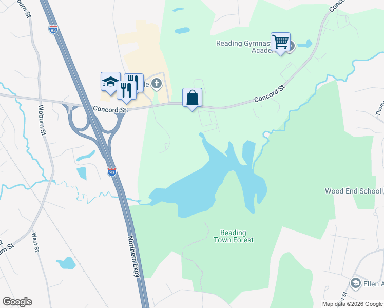 map of restaurants, bars, coffee shops, grocery stores, and more near 300 Riverpark Drive in North Reading