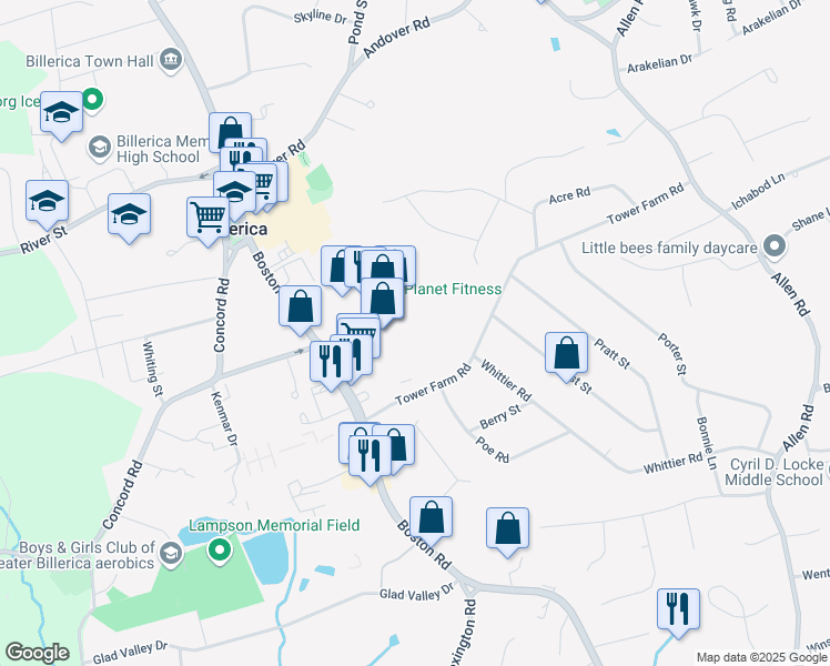 map of restaurants, bars, coffee shops, grocery stores, and more near 496 Boston Road in Billerica