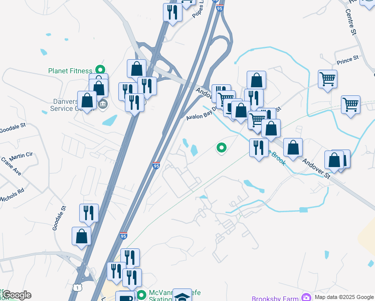 map of restaurants, bars, coffee shops, grocery stores, and more near 11211 Bay Drive in Danvers