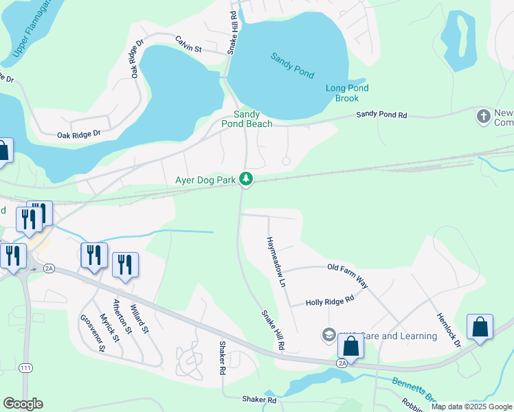 map of restaurants, bars, coffee shops, grocery stores, and more near 26 Fox Run Drive in Ayer
