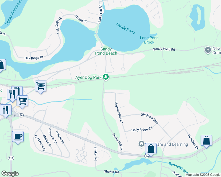 map of restaurants, bars, coffee shops, grocery stores, and more near 26 Fox Run Drive in Ayer