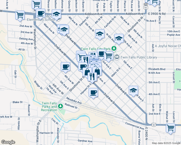 map of restaurants, bars, coffee shops, grocery stores, and more near 102 Main Avenue East in Twin Falls