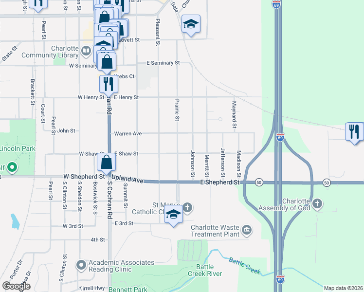 map of restaurants, bars, coffee shops, grocery stores, and more near 501 East Shaw Street in Charlotte
