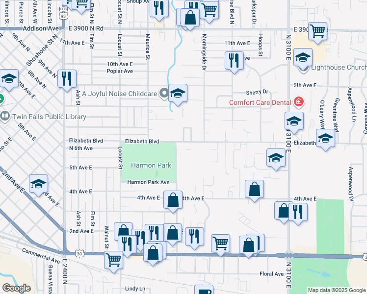 map of restaurants, bars, coffee shops, grocery stores, and more near 550 Madrona Street in Twin Falls
