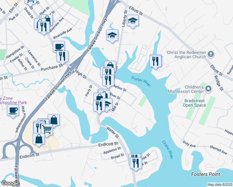 map of restaurants, bars, coffee shops, grocery stores, and more near 13 River Street in Danvers