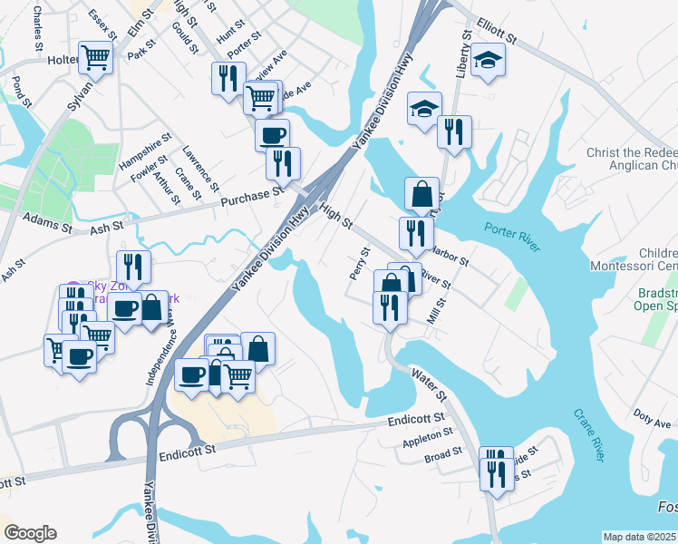 map of restaurants, bars, coffee shops, grocery stores, and more near 21 Cheever Street in Danvers