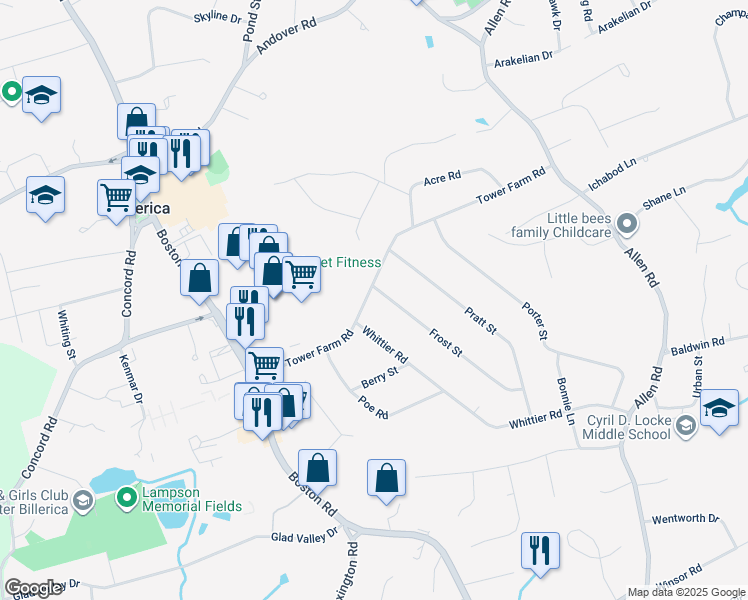 map of restaurants, bars, coffee shops, grocery stores, and more near 2 Whittier Road in Billerica