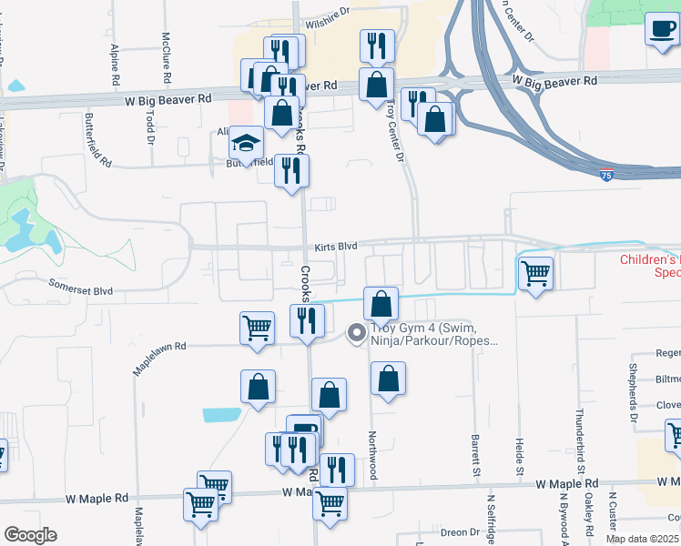 map of restaurants, bars, coffee shops, grocery stores, and more near 2266 Crooks Road in Troy