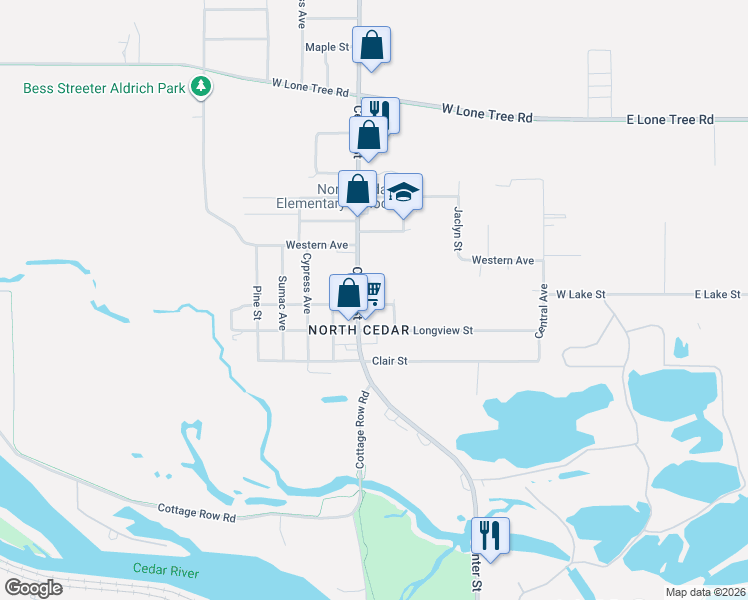 map of restaurants, bars, coffee shops, grocery stores, and more near in Cedar Falls