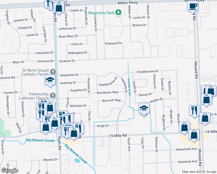 map of restaurants, bars, coffee shops, grocery stores, and more near 4621 Brockham Way in Sterling Heights