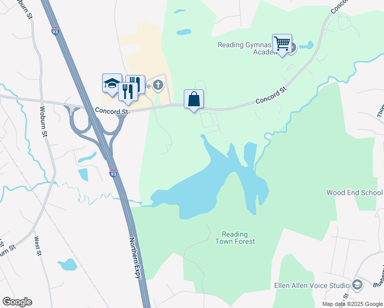 map of restaurants, bars, coffee shops, grocery stores, and more near 300 Riverpark Drive in North Reading