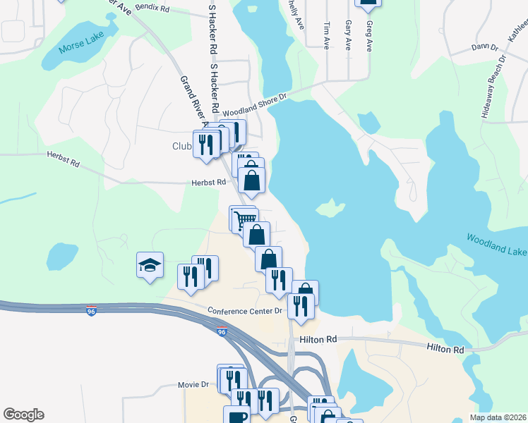 map of restaurants, bars, coffee shops, grocery stores, and more near 8123 Grand River Avenue in Brighton