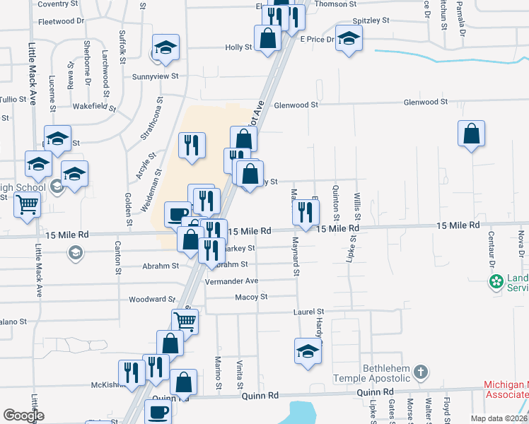 map of restaurants, bars, coffee shops, grocery stores, and more near 35192 Southbound Gratiot Avenue in Macomb County