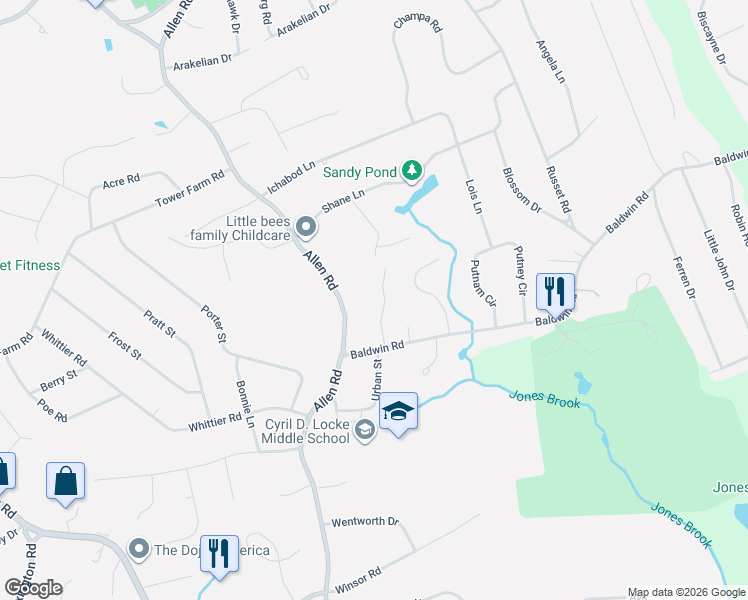 map of restaurants, bars, coffee shops, grocery stores, and more near 6 Nickerson Drive in Billerica