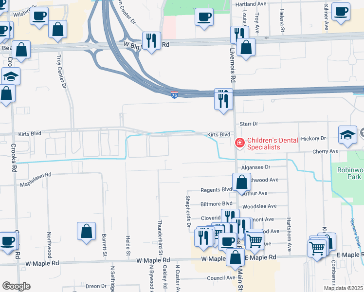 map of restaurants, bars, coffee shops, grocery stores, and more near 352 Oliver Drive in Troy
