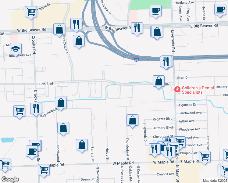 map of restaurants, bars, coffee shops, grocery stores, and more near 589 Kirts Boulevard in Troy