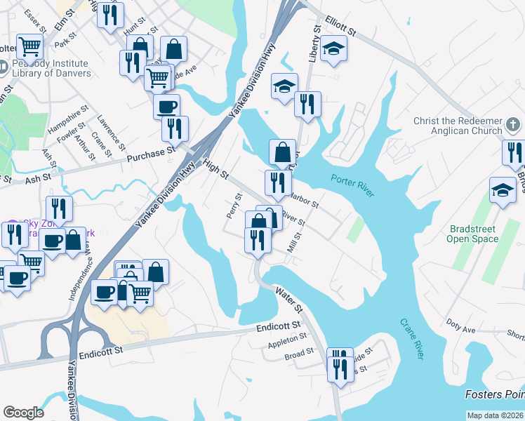 map of restaurants, bars, coffee shops, grocery stores, and more near 9 Water Street in Danvers