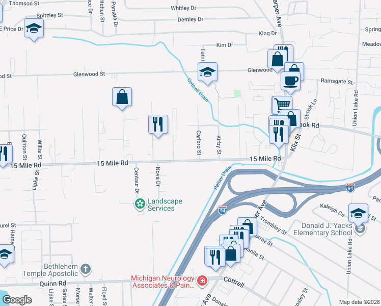 map of restaurants, bars, coffee shops, grocery stores, and more near 23180 15 Mile Road in Charter Township of Clinton