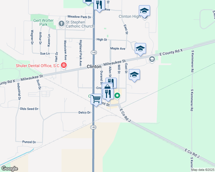 map of restaurants, bars, coffee shops, grocery stores, and more near 300 Allen Street in Clinton