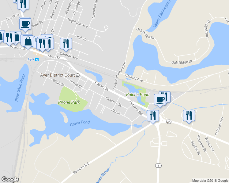 map of restaurants, bars, coffee shops, grocery stores, and more near 0 Groton-Harvard Road in Ayer