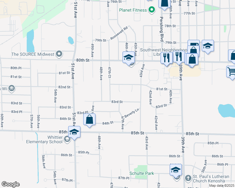 map of restaurants, bars, coffee shops, grocery stores, and more near 4720 83rd Street in Kenosha