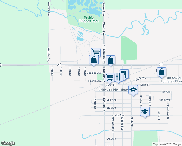map of restaurants, bars, coffee shops, grocery stores, and more near 101 12th Street in Ackley