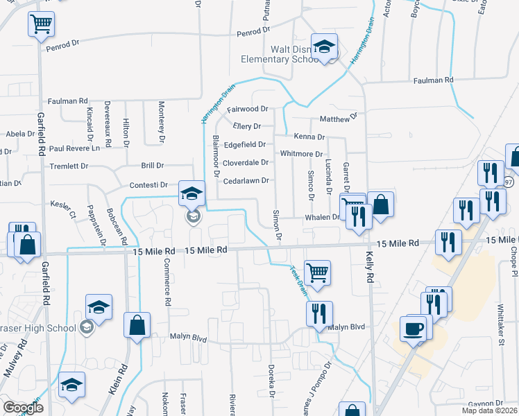map of restaurants, bars, coffee shops, grocery stores, and more near 35133 Simon Drive in Clinton Township