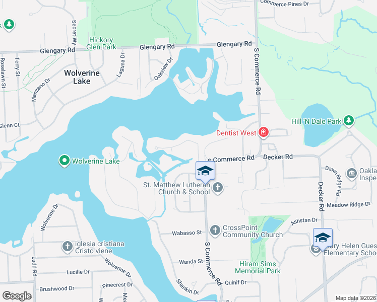 map of restaurants, bars, coffee shops, grocery stores, and more near 2303 Indiana Street in Commerce Charter Township