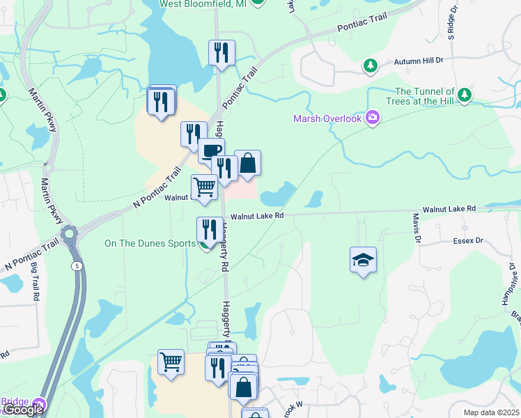 map of restaurants, bars, coffee shops, grocery stores, and more near 7900 Walnut Lake Road in West Bloomfield Township