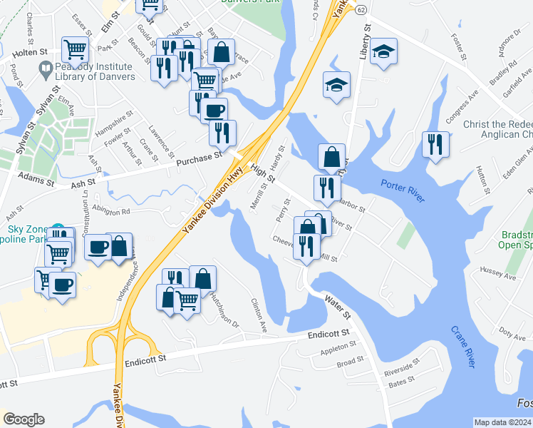 map of restaurants, bars, coffee shops, grocery stores, and more near 9 Perry Drive in Danvers