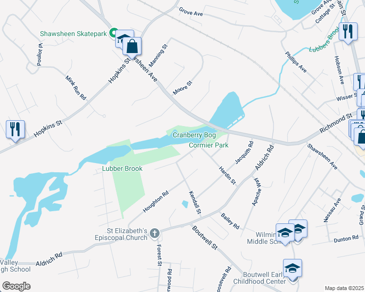map of restaurants, bars, coffee shops, grocery stores, and more near 18 Blanchard Road in Wilmington