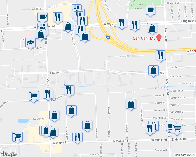 map of restaurants, bars, coffee shops, grocery stores, and more near 903 Kirts Boulevard in Troy