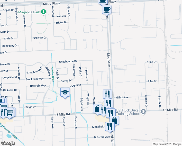 map of restaurants, bars, coffee shops, grocery stores, and more near 35647 Maureen Drive in Sterling Heights