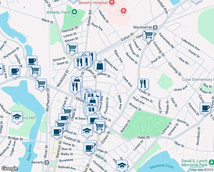 map of restaurants, bars, coffee shops, grocery stores, and more near 34 Appleton Avenue in Beverly
