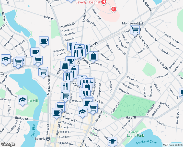 map of restaurants, bars, coffee shops, grocery stores, and more near 341 Cabot Street in Beverly