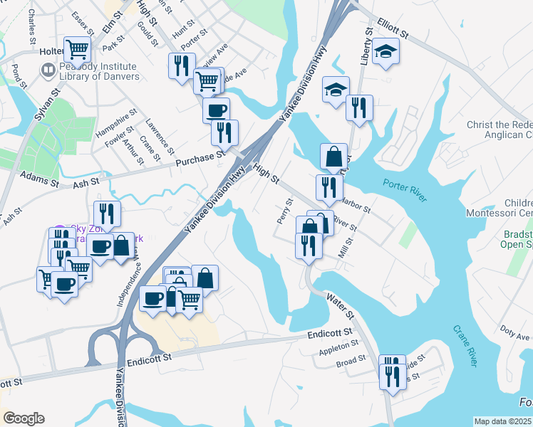 map of restaurants, bars, coffee shops, grocery stores, and more near 21 Cheever Street in Danvers
