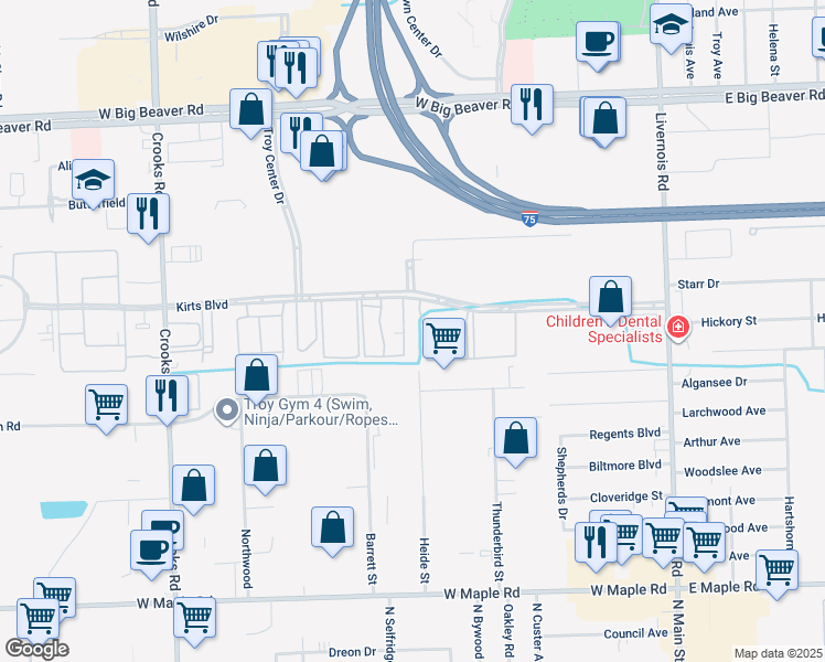 map of restaurants, bars, coffee shops, grocery stores, and more near 2145 Heide Drive in Troy