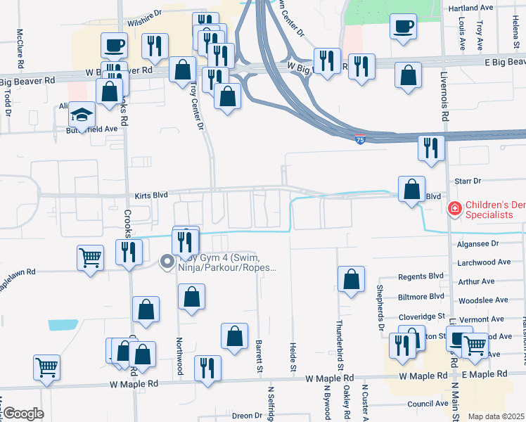 map of restaurants, bars, coffee shops, grocery stores, and more near 903 Kirts Boulevard in Troy