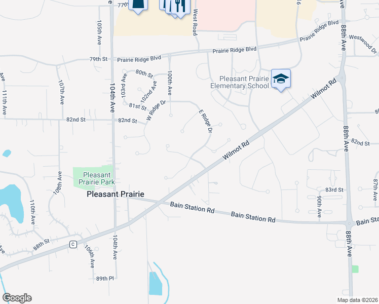 map of restaurants, bars, coffee shops, grocery stores, and more near 8445 East Ridge Drive in Pleasant Prairie