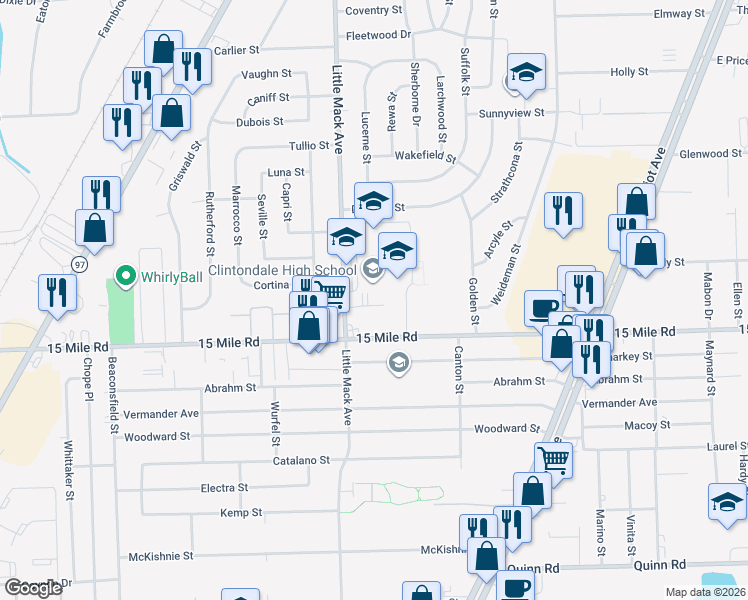 map of restaurants, bars, coffee shops, grocery stores, and more near 35100 Little Mack Avenue in Clinton Township