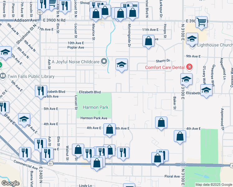 map of restaurants, bars, coffee shops, grocery stores, and more near 1816 Elizabeth Boulevard in Twin Falls