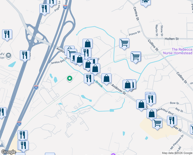 map of restaurants, bars, coffee shops, grocery stores, and more near 120 Andover Street in Danvers