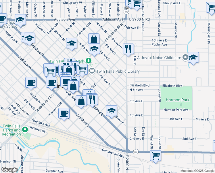 map of restaurants, bars, coffee shops, grocery stores, and more near 321 5th Avenue East in Twin Falls