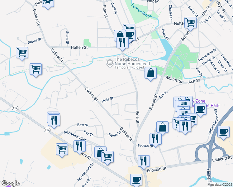 map of restaurants, bars, coffee shops, grocery stores, and more near 18 Ryan Road in Danvers