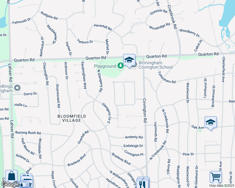 map of restaurants, bars, coffee shops, grocery stores, and more near 1300 West Indian Mound Road in Bloomfield Hills